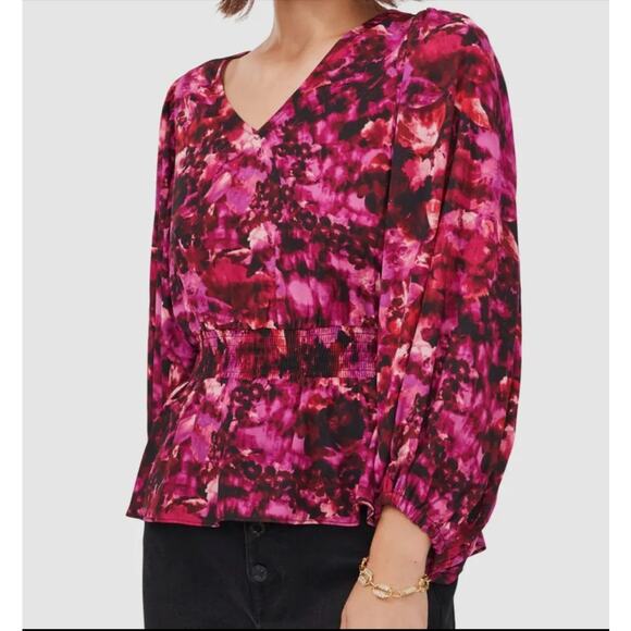 Vince Camuto Watercolors V-Neck Peplum Blouse - M - Picture 1 of 5